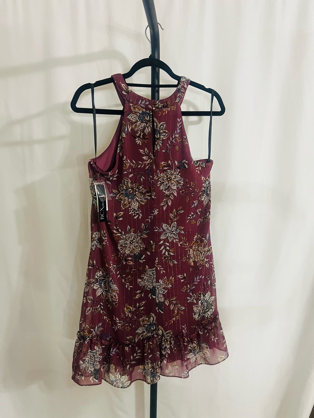 BCX Floral Ruffle-Hem Burgundy Mini Dress